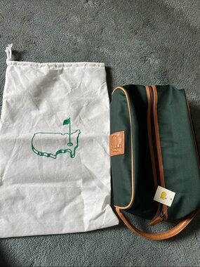 Masters Golf Augusta Green Tan Leather Shoe Bag With Dust Bag New W Tags RARE
